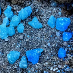 blue crystals, on an altar in a foggy cavein a foggy cave