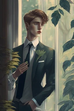 20 Year boy with pretty face he is gay and gentle. smoking behind window while looking outdoor trees. His in a full official suit. Two of his boyfriends around him