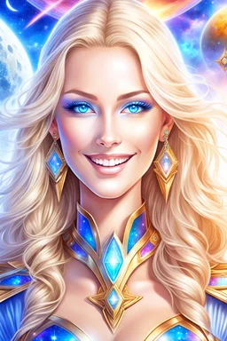 cosmic woman smile, admiral from the future, one fine whole face, crystalline skin, expressive blue eyes,rainbow, smiling lips, very nice smile, costume pleiadian, Beautiful tall woman pleiadian Galactic commander, ship, perfect datailed golden galactic suit, high rank, long blond hair, hand whit five perfect detailed finger, amazing big blue eyes, smilling mouth, high drfinition lips, cosmic happiness, bright colors, blue, pink, gold, jewels, realist, high commander