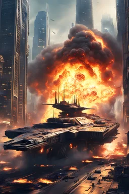 a realistic intricate space aircraft carrier on fire crashing into Coruscant skyscrapers, sharp focus, emitting diodes, smoke, artillery, sparks, racks, system unit, motherboard, by pascal blanche rutkowski repin artstation hyperrealism painting concept art of detailed character design matte painting, 4 k resolution blade runner