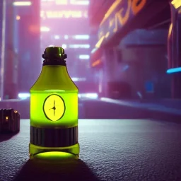 Funny lemon juice glass bottle cyberpunk unreal engine character, very detailed, cinematic, HD, mech suit, glowing yellow,Tim Burton