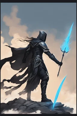 A commander with a black cloak and a long coat with long combat boots and a long spear with his Helmet is golden under his cloak like assasins With a magical power in his hand and a white anklet and boots With blue flame eyes,It has two black wings on its back,Standing on top of a rock