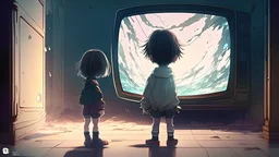A child trying to enter another parallel world on TV in the form of a professional quality anime