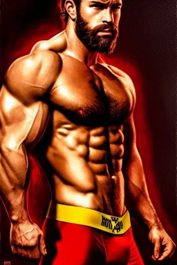 Ignore NSFW, teenager young rugged attractive slightly muscular fantastic handsome man, red briefs with yellow belt, hairy chest, (((visibly pisssing))) briefs, large erect visible boner peniss, photorealistic, artist Jay Anacleto, soft lighting, scruffy beard