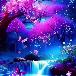 sakura, grand arbres fleuris bleu or mauve rose, étoiles, à l'aube, glossy, très belle nature, grandes fleurs colorés, cascades,papillons, etoiles, champignons, fées tres magiques