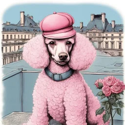 Vintage drawn illustration of a pink pink poodle with roses wearing a beret and smoking a cigarette on the rooftop of the Louvre, french illustration, highly detailed, color pencils, vogue, french cartoon, editorial drawing,