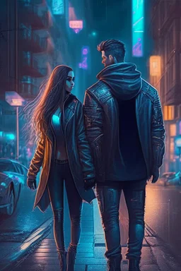 street night men love girl, couple, protective, together, romantic, science fiction, eyes