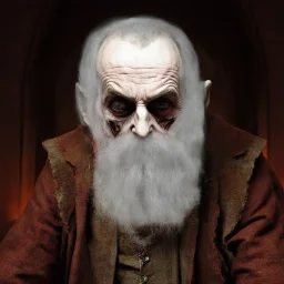 very grainy discolored modern photo, closeup portrait, dark ancient hall with no lights, grunge, extremely old male with chalk-white skin wearing a 1600's kamzol, threatening, imposing, nosferatu