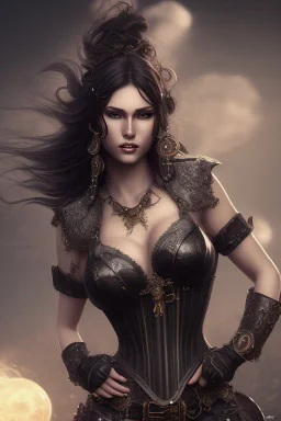 exy milf, warrior, black long hair, leather corset, night, 8k resolution, high-quality, fine-detail, intricate, fantasy art, detailed matte, volumetric lighting, illustration, 3D