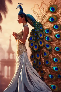 Excellent photography Art a girl dress peacock,full body, intricate, elegant, highly detailed, digital painting, smooth, sharp focus, illustration, illuminated lines, outrun, vaporware, intricate patterns, golden hour