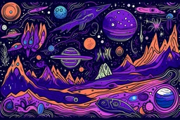 A purple outer space with planets and spaceships designed in native American petroglyphs painted by Edvard Munch