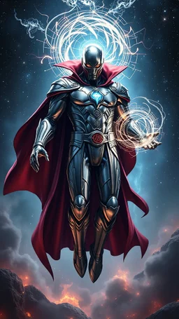 "A powerful figure floats effortlessly in a mystical realm, combining the regal presence of Magneto with the arcane finesse of Doctor Strange. His armor gleams like liquid metal, seamlessly adorned with glowing magical runes, while a flowing cape reminiscent of the Cloak of Levitation trails behind him. His hands radiate with swirling magnetic energy intertwined with mystical sigils, manipulating shards of metal to orbit him in a perfect sphere.