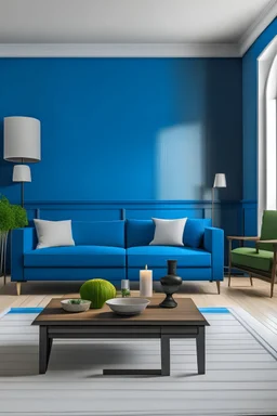 a plain living room with blue walls, blue couch and blue coffee table