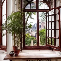 old storybook mahogany table lush high-detail house plants in pots looking out of a window to a crowded city