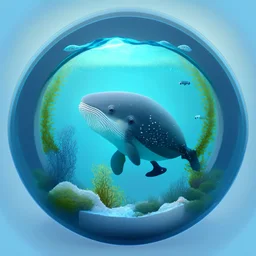 A cute little Humpback whale in a small circular fish tank.