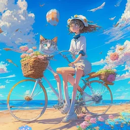 A girl is riding a bicycle on the beach. His cat is sitting in the front basket of the bicycle. Spring flowers can be seen everywhere. Beautiful blue sky with white clouds - kites in the sky. sense of peace. digital art, anime, 8k, full details, colorful, high resolution