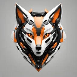 Front logo. 3D. Black, orange and white palette cyborg Fox in artistic style, minimalist