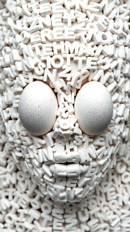 A balled face in details . The texture of the face is a collage of many 3D white random letters covering the whole face and the eyes are covered by two eggs