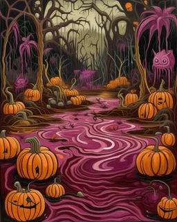 A purplish magenta swamp with pumpkins and spiders designed in Bayeux tapestry painted by Edvard Munch
