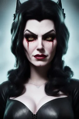 Amy Dumas as evil queen in black leather, leather, busty, cleavage, angry, rage, stern look. character design by cory loftis, fenghua zhong, ryohei hase, ismail inceoglu and ruan jia. unreal engine 5, artistic lighting, highly detailed, photorealistic, fantasy