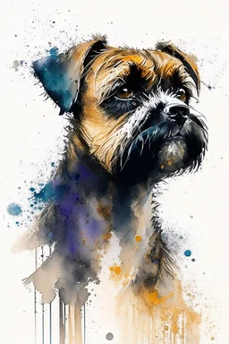 A minimalist portrait of a border terrier by Ryan Hewett , willem haenraets, watercolor, wet on wet and splattering techniques, centered, perfect composition, abstraction, surrealism