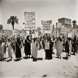 Protest march in ancient Egypt with picket signs