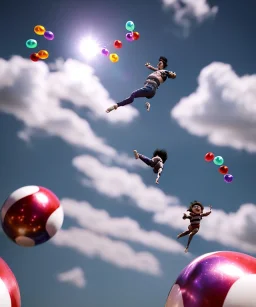 Ultra realistic speed clouds sky scene, wide angle view, strong men falling down with many Childs, circus clothing style, feather color clothing, free jumping flying, many trinkets, hair monster, many jelly beans, balls, color smoke, smile, happy, extreme, wind, clouds sea, 20,000 feet altitude, stratosphere, soft color, highly detailed, unreal engine 5, ray tracing, RTX, lumen lighting, ultra detail, volumetric lighting, 3d, finely drawn, high definition, high resolution.