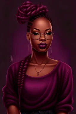 realistic illustration of an African American with long box braids styled in a simple bun a top her head, do not cut off her hair, she has on purple large rim glasses, she has full lips, long eyelashes and beautiful burgundy Smokey eye makeup, she has burgundy manicured nails, and a black sweatshirt that has the words “standing on business all 2024” in white bold letters, she is sitting at a desk writing in a journal, there is a vision board on the wall behind her with various pictures of cars,