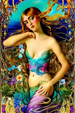 art by Salvador Dali in the style of Alfons Mucha, psychedelic colors, Suki Waterhouse as a mermaid in a lepidoptera dream, mystic scene with scientific detail, magic royalistic backlight, Dynamic lighting, sharp focus, expensive. 35mm professional lighting, intricately detailed, volumetric