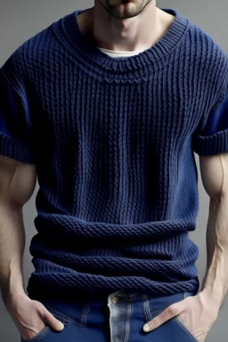 Man's short indigo wrapped knitted jumper on a white t-shirt