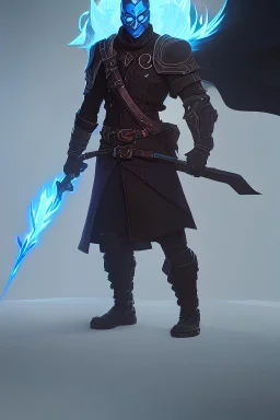 A warrior with a matte black combat helmet and eyes with bright blue flaming pupils, a black cape and a long coat with long combat boots and a long, sharp and fiery spear and with his helmet under his cape and two blue flames instead of eyes