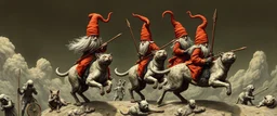 gnomes riding cats with lances in the style of Escher and Giger