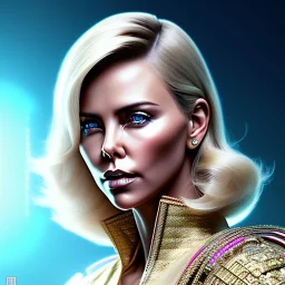 Charlize Theron, Cyborg anime samurai, cyberpunk, white skin, light blonde hair, geisha hairstyle, cobalt eyes, waist up portrait, 8k resolution, retroanime, intricate details, neon details, soft lighting, vibrant colors, masterpiece, intricate eyeliner, dark eyeshadow, eyes, intricate tattoos, gradient background