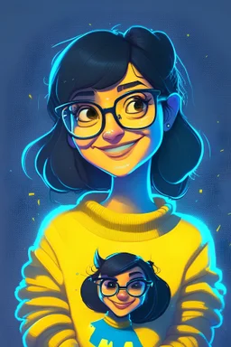 a Disney natural face girl with a full body image and flooded arms, with black hair, big brown eyes, a yellow neon color Pullover, dark blue background,, smile on her face, symmetric face,glasses on like nerds