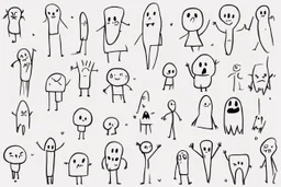 make a bunch of simple hand-drawn spooky and cute cartoon characters with bodies arms, and legs I could draw and make them all different