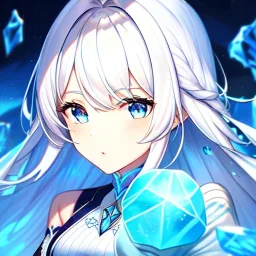 8k, Girl, high quality, detailed, white hair, blue eyes, beautiful lighting, ice magic