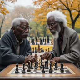 realistic gritty photo with canon lens, old black man with glasses and white hair playing chess against a child on a table in central park on a cloudy fall day, dramatic, detailed, dynamic composition, hyperreal, nostalgic, moody