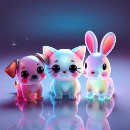 Adorable colored translucent 3D trio — a small dog, a cat, and a rabbit — in cute chibi proportions, made of glowing jelly-like glass material, soft pastel and neon color gradients, big expressive eyes, sparkles and light particles floating around them. Playful studio lighting, soft shadows on a reflective surface, Pixar-style render, cinema 4D, redshift, ultra-detailed, 4k.