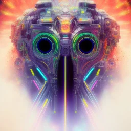 A beautiful portrait of a cyborg crow wite neon color scheme, high key lighting, volumetric light high details psychedelic background