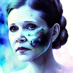 carrie fisher, stunning face, watercolor illustration by <agnes cecile> <Yoji Shinkawa>, darkblue tones,intricate detail , soft smooth lighting, soft pastel colors,