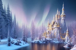  white and gold crystal castle，waterfall, winter snow flakessnow, northern Lights, full of details, smooth, bright sunshine，soft light atmosphere, light effect，vaporwave colorful, concept art, smooth, extremely sharp detail, finely tuned detail, ultra high definition, 8 k, unreal engine 5, ultra sharp focus