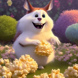 pixar style, volumetric summer garden environment and background, realistic painting of popcorn, looking excited, volumetric lighting, dramatic lighting, detailed digital painting, extreme dense and fine fur, anime, ornate, colour-washed colors, elegant, small minutiae, tiny features, particulars, centered, smooth, sharp focus, renderman gofur render, 8k, uhd, detailed eyes, realistic shaded volumetric lighting, sunlight caustics, backlight, centered camera view