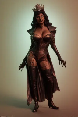 Pam Grier as evil queen in black leather, leather, busty, cleavage, angry, stern look. character design by cory loftis, fenghua zhong, ryohei hase, ismail inceoglu and ruan jia. unreal engine 5, artistic lighting, highly detailed, photorealistic, fantasy