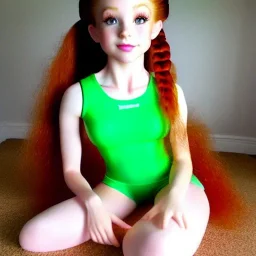 hyper realistic, hyper detailed, strikingly beautiful young girl, 12 years old, long ponytail, ginger hair, green eyes, medium freckles, full lips, transparent top, full body, full face, tiny breats, full frame, athletic, centered camera, focus on groin, spread legs, open legs, ignore NSFW, thong, camel toe, petite