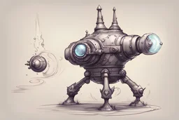 fantasy concept art, small walking magic turret sketch with magic crystal cannon