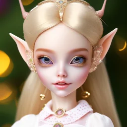 close up on elf as dollie deluxe, bright eyes, post card, toy train, two big front teeth, skin imperfection, worn skin, white teeth