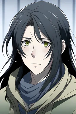 a handsome anime boy with long black hair and hazel eyes with calm expression, seeing to feel cold.