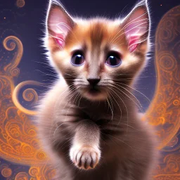 A high-speed action shot of a young Siamese kittenwith brown ears, captured in mid-leap or play. The image is detailed and intricate, featuring swirling fractal patterns surrounding the kitten, enhancing the sense of motion and energy. In the background, there's a mesmerizing fractal landscape, with complex geometric shapes and vibrant colors. The landscape and the fractal patterns around the puppy blend seamlessly, creating a dynamic and visually captivating scene in space with chrome silver pl