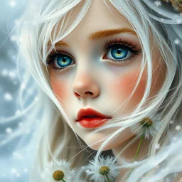 A beautiful girl, bottomless big eyes in close-up, fluffy super-long eyelashes, a misty fairy in a whirlwind of feathers and dandelions, white hair fluttering and turning into smoke, large snowflakes, impressionism, blurred watercolor, fluff, snowflakes, transparency, smoke, fog. soft tones, Queen Anne. Josephine Wall, Catherine Welz Stein