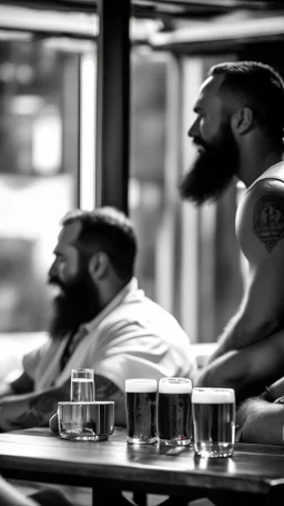 portrait photography, beers on tables at pub, with many 53 years old stocky chubby burly bearded bikers sleeping shirtless, High quality realistic photo, 35mm lens, photorealistic, top light, view from the ground, ambient occlusion